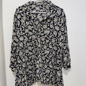 J Jill Black Floral Top Blouse Buttons Plus Size 3X Casual Relaxed Fit